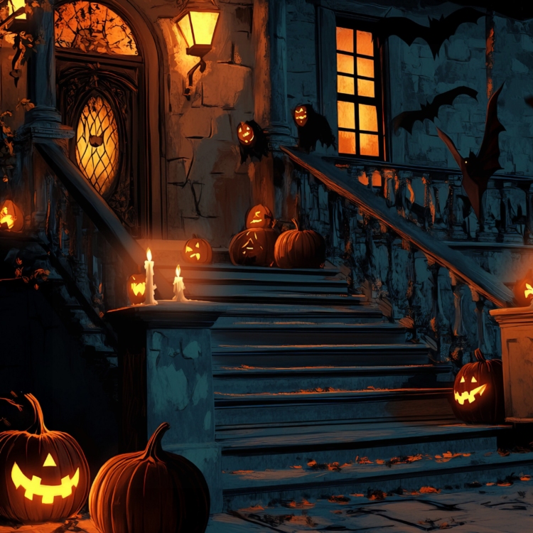 Halloween Haunted House Pumpkins on Steps 7433 greeting card