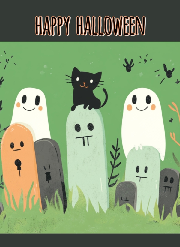 Happy Halloween Green Ghosts & Cats 2 - imagii Greeting Cards