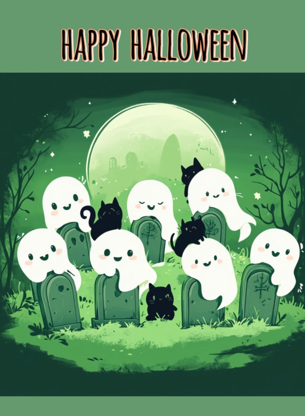 Happy Halloween Green Ghosts & Cats 3 - imagii Greeting Cards