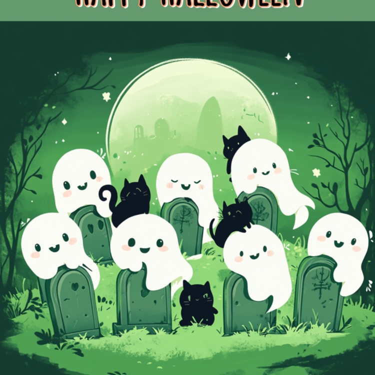 Happy Halloween Green Ghosts & Cats 3 - imagii Greeting Cards