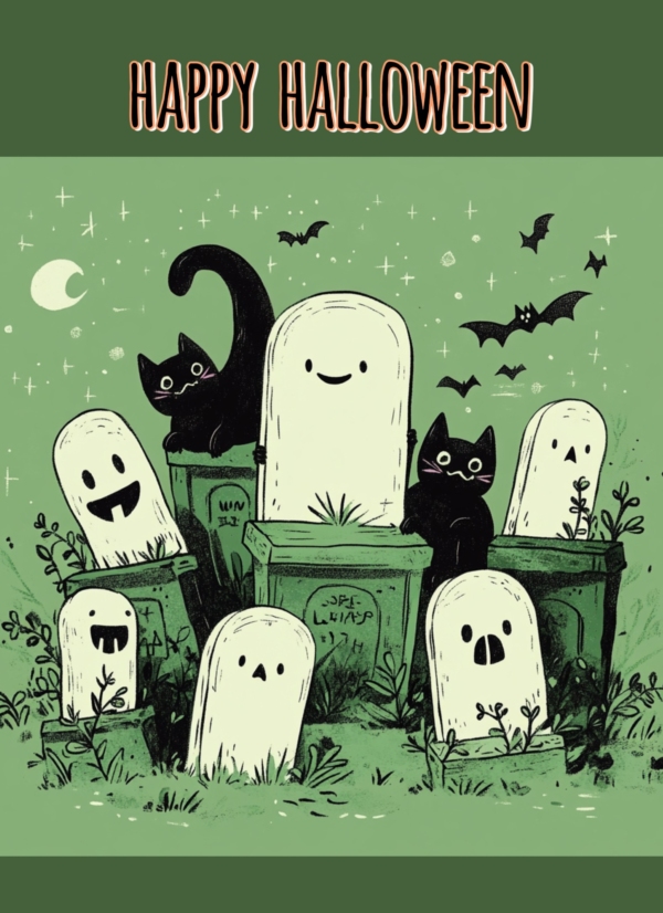 Halloween Green Ghosts & Cats 4 - imagii Greeting Cards