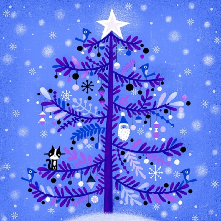 Mini Cat on Purple Xmas Tree - imagii Greeting Cards