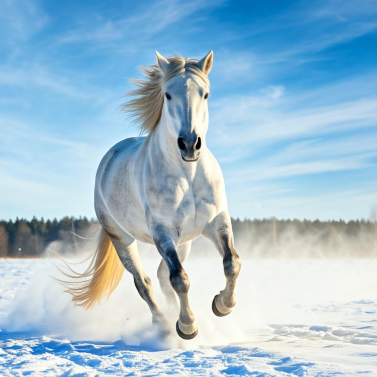 White Horse Running in Snow - imagii Greeting Cards