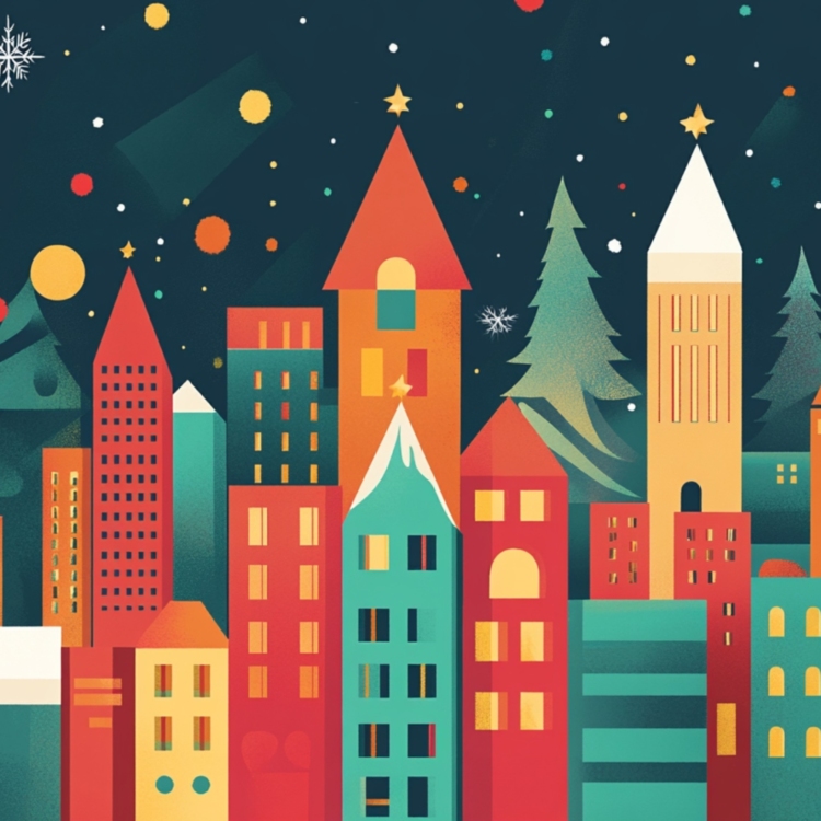 Nighttime Cityscape Winter Illustration - imagii Greeting Cards