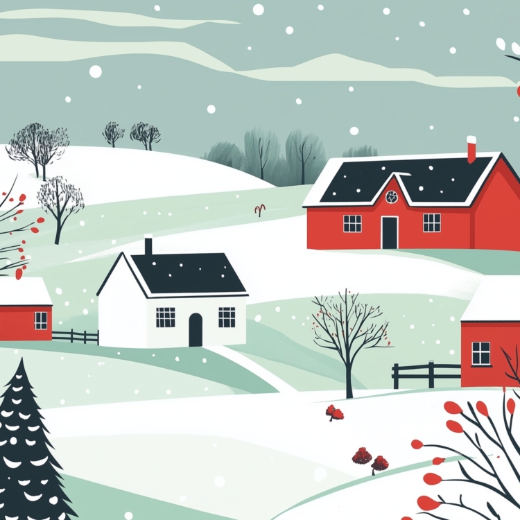 Red Houses in the Winter Countryside - imagii Greeting Cards