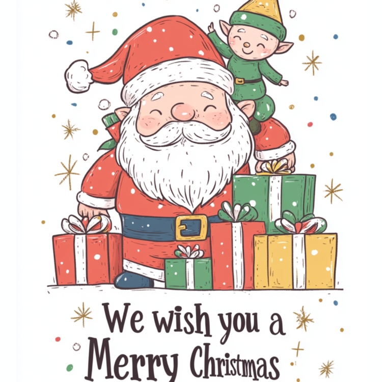 Santa and Elf on Shoulder - imagii Greeting Cards