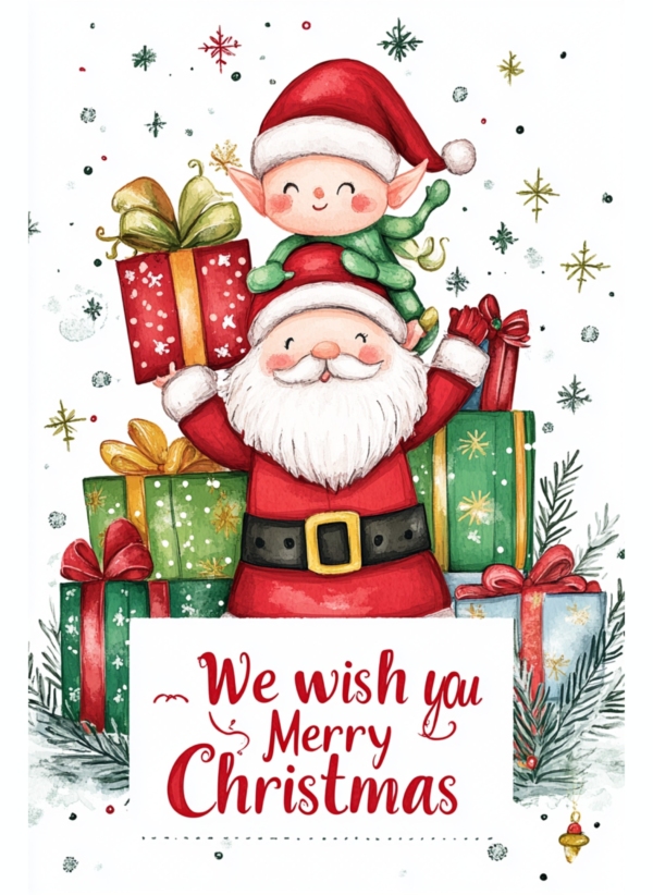 Santa and Elf with Present - imagii Greeting Cards