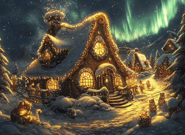 Santas Home and Northern Lights - imagii Greeting Cards